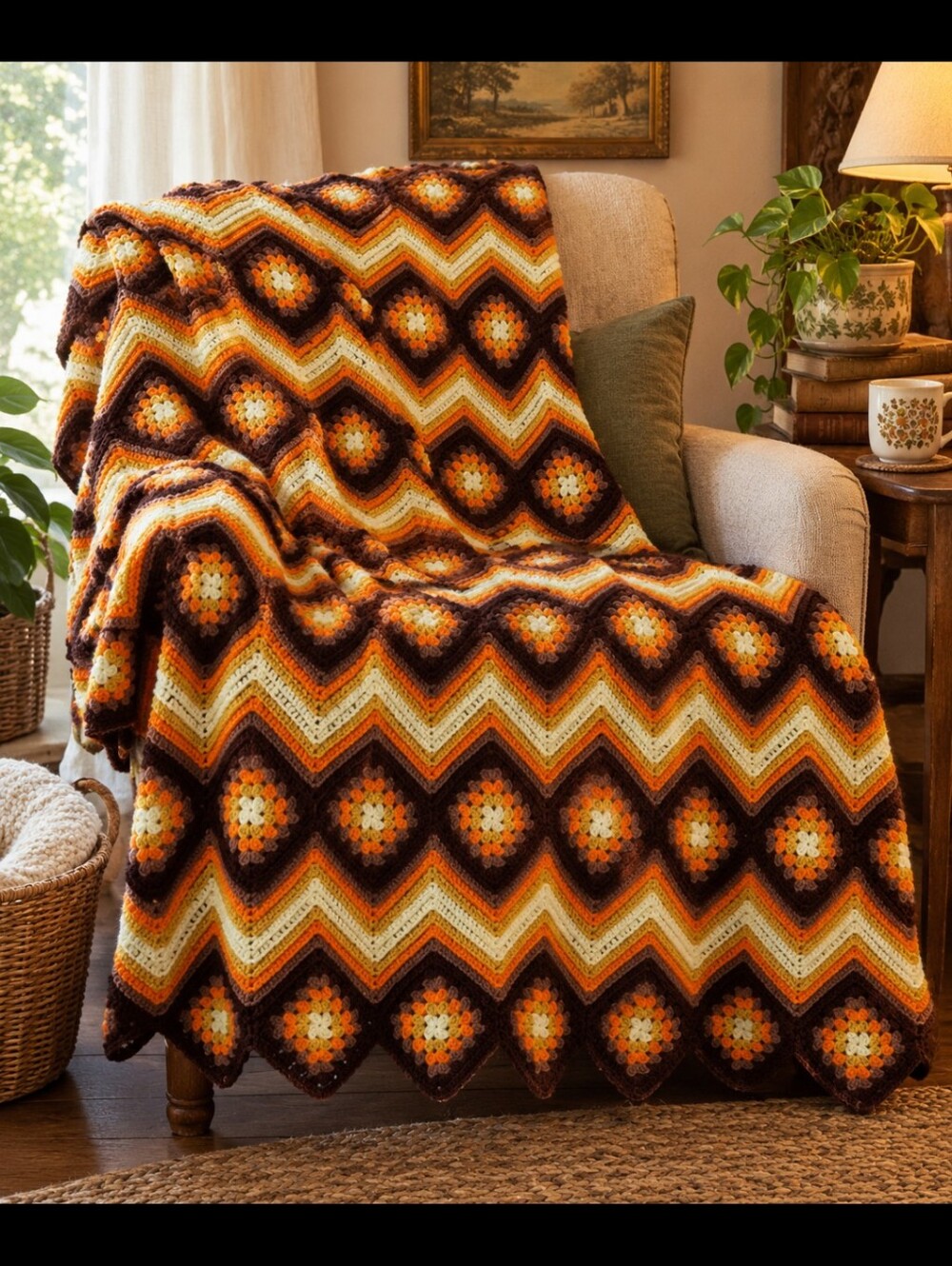 Vintage Handmade Chevron Granny Square Throw Blanket in Brown and Yellow